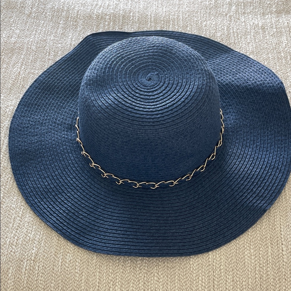 Elegant Navy Blue Wide Brim Hat with Gold Chain